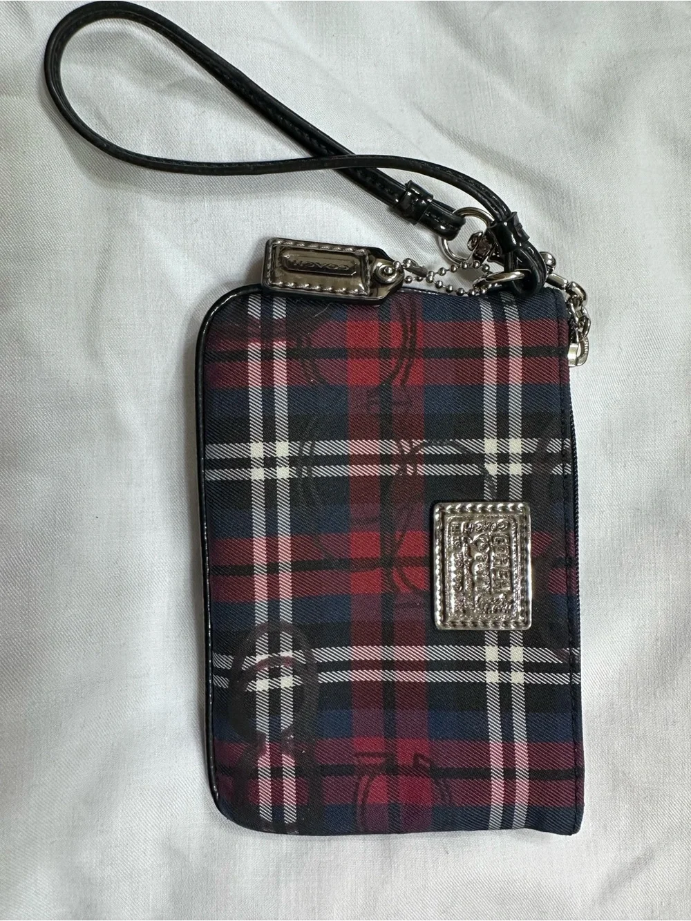 Coach Red & Black Plaid Wristlet Pouch with Silver Hardware
